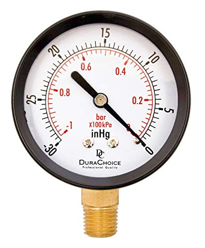 DuraChoice 2-1/2" Utility Pressure Gauge for Water, Oil, Gas, 1/4" NPT Lower Mount, Black Steel Case, 30HG/0PSI