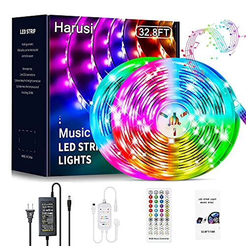 LED Strip Lights 32.8ft 10M Music Sync Color Changing Light with 40keys Music Remote Control and 12V2A Power Supply, RGB SMD 5050 300 led Lights for Home Kitchen, Bedroom, Party