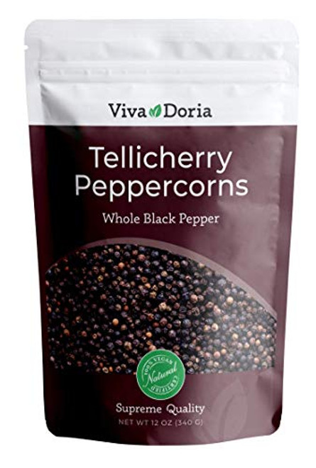 Viva Doria Tellicherry Peppercorn, Steam Sterilized Whole Black Pepper, 12 Oz Black Peppercorns For Grinder Refill