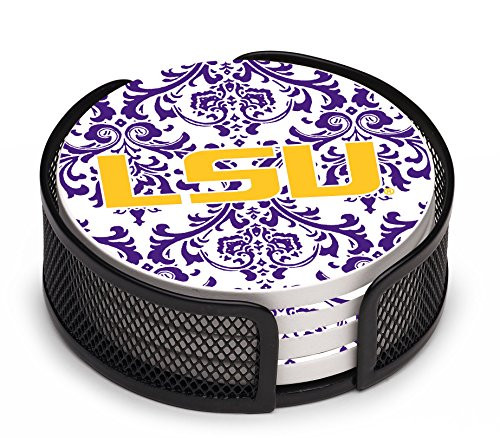 Thirstystone Stoneware Drink Coaster Set with Holder, Louisiana State University Pattern