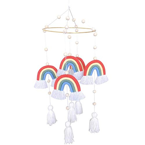 Baby Crib Mobile Wooden Bassinet Mobile Rainbow Crib Mobile with Cotton Rainbow Ball and Tassel Boho Baby Mobile for Baby Nursery and Ceiling Decoration