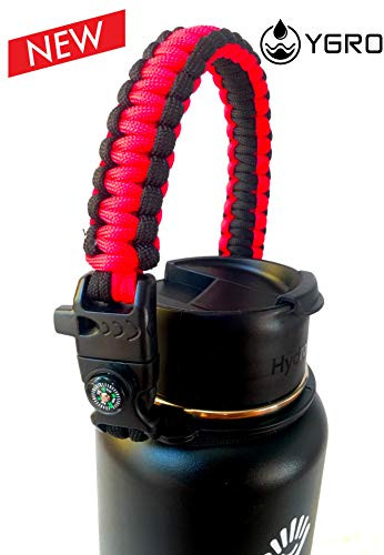 YgroBest Paracord Handle - Paracord Carrier Survival Strap Cord Safety Ring Carabiner for Hydro Flask Wide Mouth Water Bottles 12oz - 64 oz (Red)