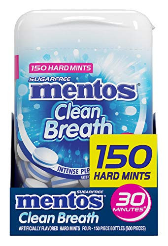 Mentos Clean Breath Sugarfree Hard Mint, 150pc, Intense Peppermint -Pack of 4 Bottles-