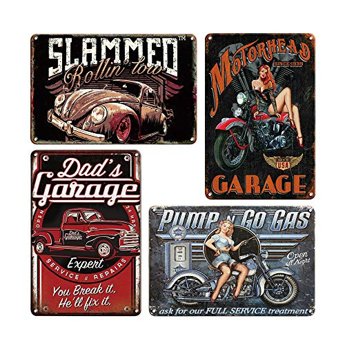 QUMENEY 4PCS Vintage Metal Tin Wall Sign Plague Poster, Retro Car and Girl Pattern Wall Decor Art Tin Sign for Cafe Bar Pub Beer -30x20CM/11.8x7.9in-