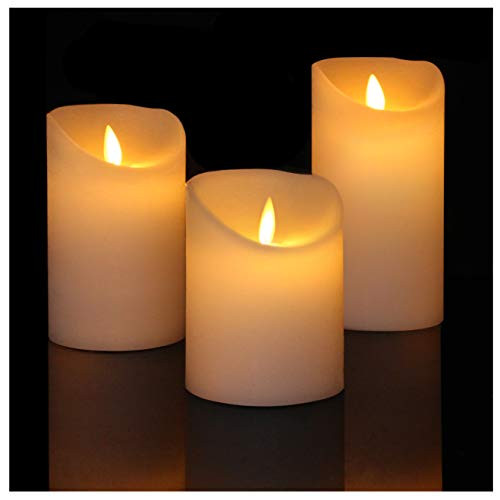 Flameless Candles Real Wax Battery Operated Candles H4"5"6" xD3" Moving LED Flame Pillar Candles Set with Remote