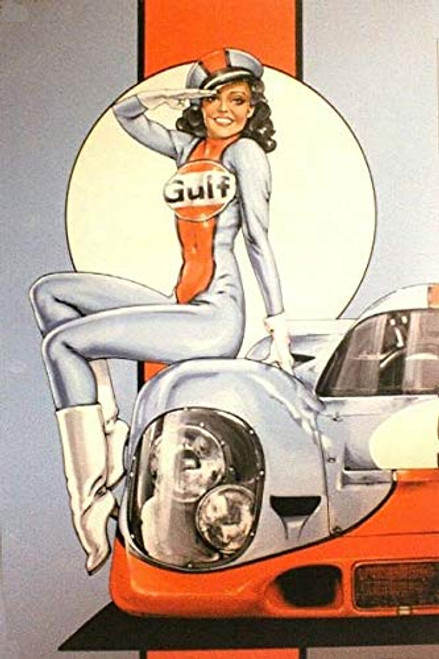 Tin Sign New Gulf Racing Pinup Girl Poster Retro Street Garage Family Cafe Entertainment Place Bar People Cave Farm Wall Decoration Metal Tin Sign 8x12inch Best Gift
