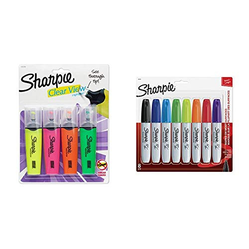 Sharpie 1912769 Clear View Highlighters, Chisel Tip, Assorted Colors, 4-Count  and  38250PP Permanent Markers, Chisel Tip, Assorted Colors, 8-Count