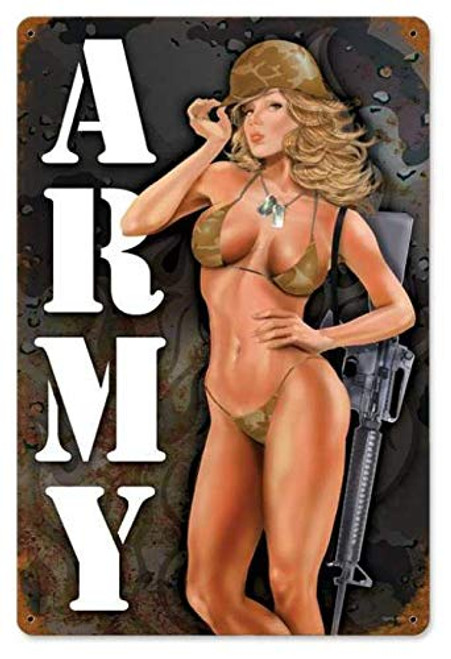 Maizeco Retro Army Pinup - Pin-Up Girl Metal Signs Military 16" x 12" Inch Tin Sign Plaques Poster for Home Pub Garage Bar Man Cave Wall Decor