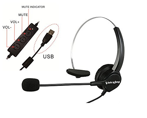 VoiceJoy Hands-Free Call Center Noise Cancelling Corded Monaural Headset Headphone with Mic Microphone with USB Plug, Volume Control and Mute Switch