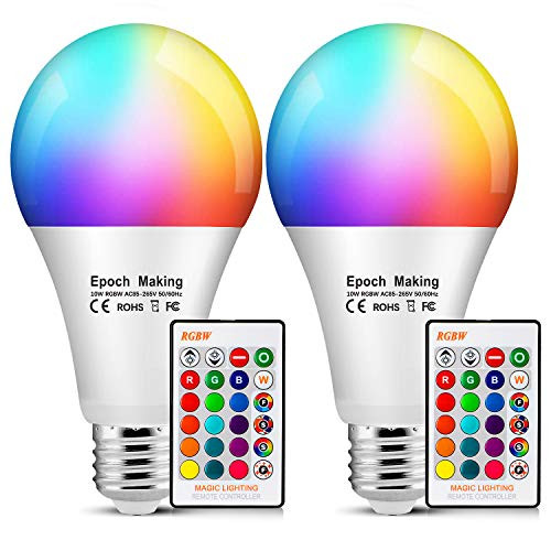 10W Color Changing Light Bulb, LED RGB dimmable Bulb with Remote Control, Equivalent to 85W 2700K Warm White, A19 E26 Screw Base, Used for Home bar Decoration Lighting -2 Pack-