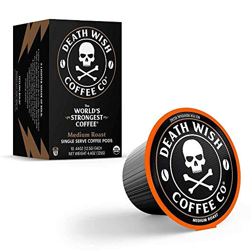 Death Wish Coffee Death Cups -10 count- - Single-serve Coffee Pods - The World's Strongest Medium Roast - USDA Certified Organic, Fair Trade - Arabica and Robusta Beans - A Lighter Shade of Bold