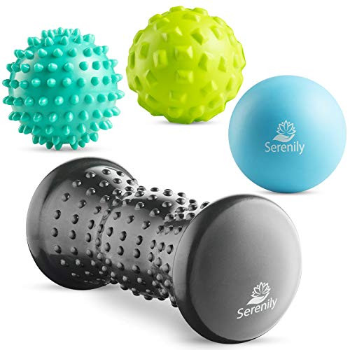Foot Roller for Plantar Fasciitis Relief - Foot Massage Rollers. Massage Ball 4pc Set with Spiky Ball, Lacrosse Ball, Massage Roller. Foot Massager  and  Foot Massage Ball for Muscle Soreness  and  Foot Pain