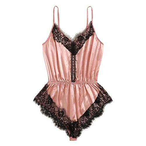 YKARITIANNA Sexy Lingerie for Sex, Women Lace Stain Bow Lingerie Bodysuit Backless Pajamas Silk Jumpsuit Sleepwear Pink