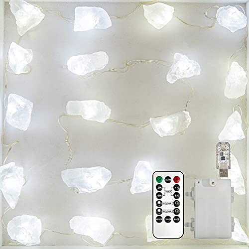 KAiSnova Natural White Crystal String Lights 6.5FT 20 LEDs USB  and  Battery Powered Fairy Lights with Remote Control Raw Stone Gem Decor Night Light for Indoor Outdoor, Wedding, Birthday Party, Bedroom