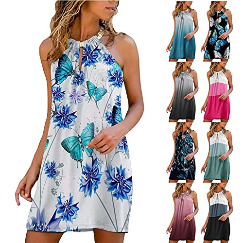 Maryia Summer Dress for Women Elegant Sleeveless Halter Neck Sundress Casual Floral Printed A-Line Beach Mini Dress