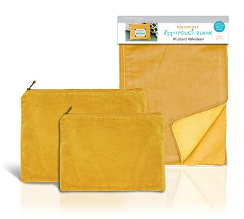 Kimberbell Zipper Pouch Blanks -2pc- - Velveteen, Color- Mustard, Small 6x8  and  Large 7x10, Sewing Patterns  and  Designs, Sewn-in-Zipper, Serged Open Side Seams - Easy to Hoop, Add Machine Embroidery