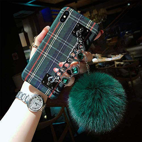 Plaid iPhone 12 Pro Max Fabric Cloth Case, iPhone 12 Pro Max Green Flannel Grid Stripes Phone Case with Fur Ball and Luxury Diamond Chain Holder for iPhone 12 Pro Max