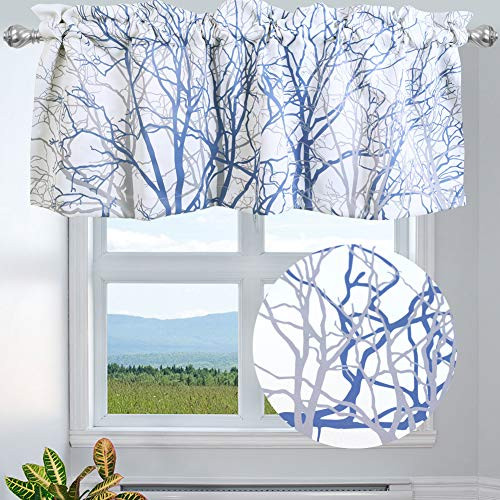 INICEKEY Tree Branch Botanical Pattern Valance for Windows,Grey Blue Print Rod Pocket Kitchen Curtain Valance for Living Room Bedroom, 50" W x 18" L, 1 Panel