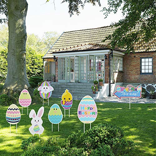 KISSTAKER Easter Yard Signs Outdoor Lawn Decorations, 8 Packs Outdoor Bunny Eggs and Chick Yard Stake Signs,Happy Easter Yard Signs with Stakes,Funny Bunny and Egg Corrugated Yard Signs