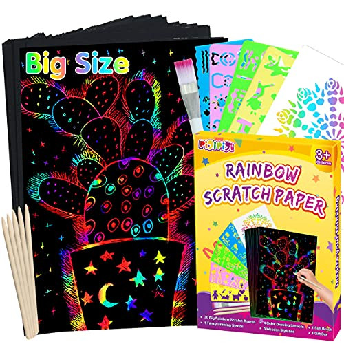 pigipigi Big Sheets 11''x 8'' Scratch Paper Art Craft for Kids - Black Rainbow Magic Scratch Off Paper Kit Drawing Note Pad Set for Teen Girls Boys DIY Party Activity Game Birthday Christmas Toy Gifts
