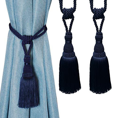 BEL AVENIR 2 Pack Curtain Tiebacks Tassel Drapery Tie-Backs Rope Handmade Holdbacks Home Office Hotel Decorative -Navy-