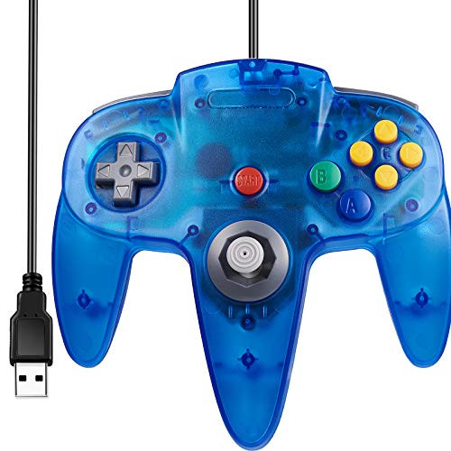 Classic N64 Controller, SAFFUN N64 Wired USB PC Game pad Joystick, N64 Bit USB Wired Game Stick Joy pad Controller for Windows PC MAC Linux Raspberry Pi 3 Sega Genesis Higan -Transparent Blue-