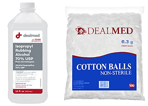 Dealmed Isopropyl Rubbing Alcohol and Cotton Balls Bundle Pack - 70 percent USP, First Aid Antiseptic, 16 oz. -1 Count- and Cotton Balls with Zip-Locked Bag -500 Count- Dealmed Isopropyl Rubbing Alcohol and Cotton Balls Bundle Pack - 70 percent USP, First Aid Antiseptic, 16 oz. -1 Count- and Cotton Balls with Zip-Locked Bag -500 Count-