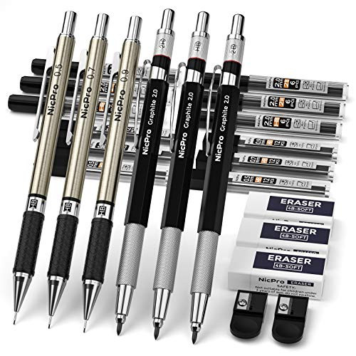 Nicpro 6PCS Art Mechanical Pencils Set, 3 PCS Metal Drafting Pencil 0.5 mm  and  0.7 mm  and  0.9 mm and 3 PCS 2mm Graphite Lead Holder -2B HB 2H- For Writing,Sketching Drawing,With 12 Tubes Lead Refills