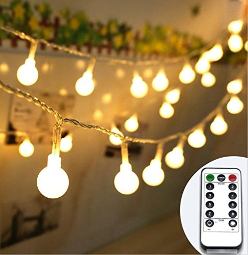 Globe String Lights, EONSMN 16.4ft 50 LED 8 Modes Dimmable Fairy Ball String Lights Battery Powered with Remote Timer -Warm White-