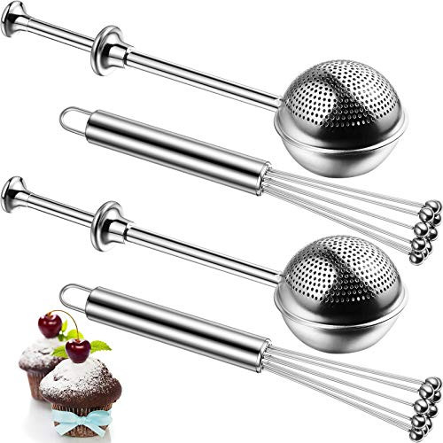 Kritkin 4 Pieces Baking Powdered Sugar Shaker Duster and Egg Ball Whisk Set Stainless Steel Wire Egg Whisk Set Egg Beater Duster Sifter for Flour Spices Kitchen Cooking Blending Whisking