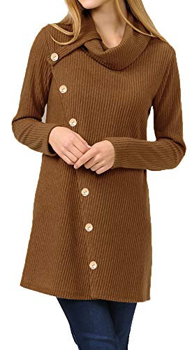 FANEW Womens Turtle Cowl Neck Long Sleeve Pullover Sweater Dress Tunic Tops with Button