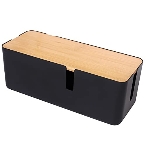 Changsuo Cable Management Box with Bamboo Lid Small Cable Organizer Box for Extension Cord Power Stripe Surge Protector Wire Management Concealer Organizer Cover Hider -Black-