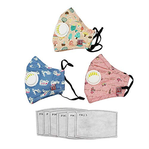 Kids Anti Pollution Mask (3 Masks+6pcs Filters) with Activated Carbon N95 Filters Respirator Dust Mask, PM2.5 Guaze Mouth Mask, Protects from Dust Allergy Pollen Dander Germs Cold Flu Mold Allergens