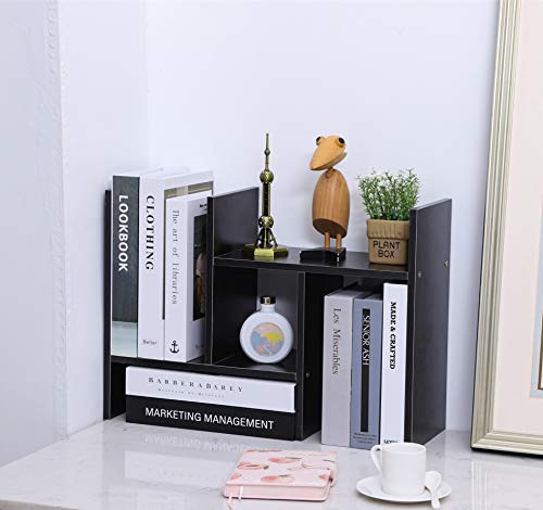 Desktop Bookshelf Adjustable Wood Storage Organizer, Desktop Display Shelf Rack Counter Office Storage Rack Top Bookcase - Free Style Display Natural Stand,Office Supplies Desk Organizer Black