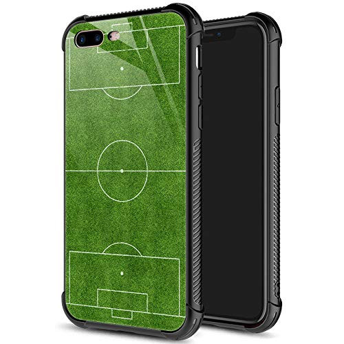 iPhone 8 Plus Case,9H Tempered Glass iPhone 7 Plus Cases for Boys Men,Funny Green Football Field Pattern Shockproof Anti-Scratch Case for Apple iPhone 7/8 Plus 5.5 inch Green Football Field