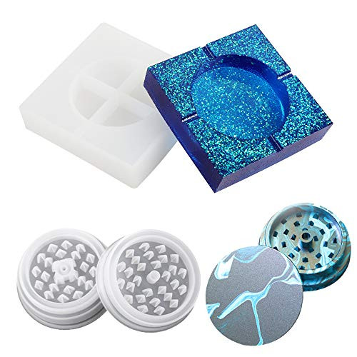 Ashtray Mold Silicone with Herb Grinder Mold - Square Resin Mold Jewelry Storage Box and Silicone Spice Grinder Mold for Resin Casting, Large Epoxy Resin Mold for DIY Crafts, Home Decorations