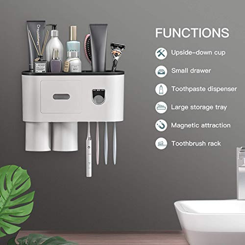 Toothbrush Holder Wall Mounted, Toothbrush Holder with Toothpaste Dispenser, Multifunctional Wall Mount Toothbrush Holder, 4 Toothbrush Slots, 2 Cups, Drawers Cosmetic Organizer -Black-