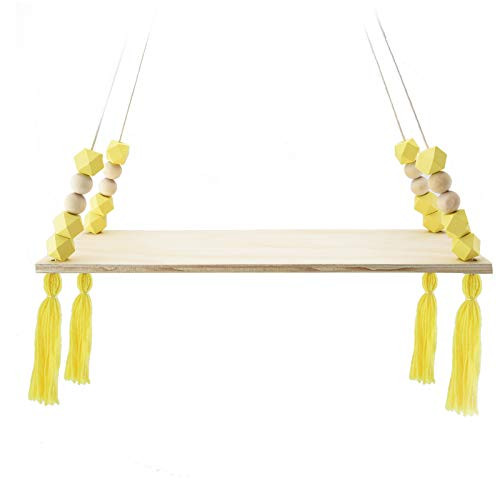 FANKUTOYS Nordic Shelf Wall Hanging Board Rope Hanging Floating Shelves Wooden Floating Shelves Storage with Tassel Beads Wall Hanging Shelves Storage for Home-Yellow-