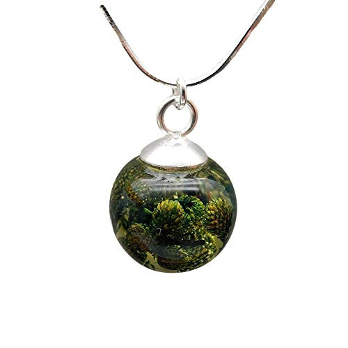 Green Berzelia Brunia Real Flower Glass Ball Pendant 925 Sterling Silver Snake Chain Necklace Green Berzelia Brunia Real Flower Glass Ball Pendant 925 Sterling Silver Snake Chain Necklace