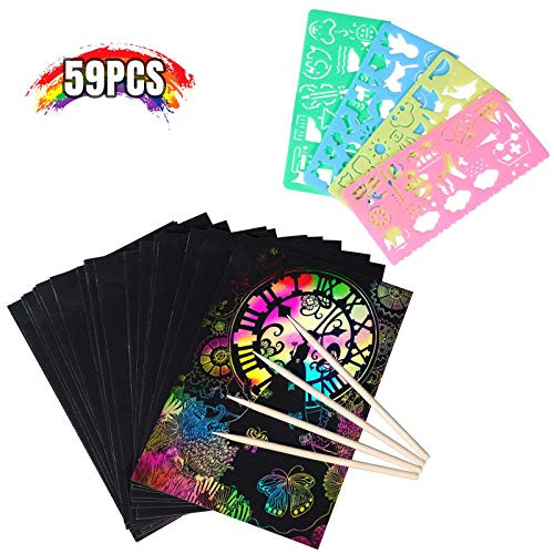MUCH Scratch Paper Art Set for Kids - 59 Pcs Rainbow Magic Scratch Off Art Crafts Supplies Kits Sheet, for DIY Children Boys Girls Christmas Easter Birthday Party Favor Game Activities