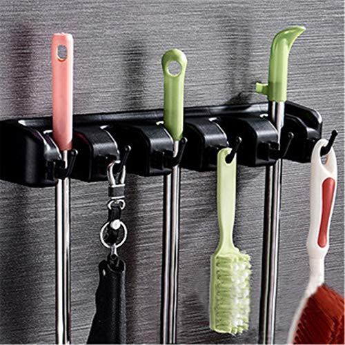 LotCow Broom Holder Wall Mounted- 5 Position 6 Hooks- Mop and Broom Hanger Holder- Garage Storage Rack  and  Garden Tool Organizer for Home Kitchen Garden Garage Tools Organizing Storage Rack