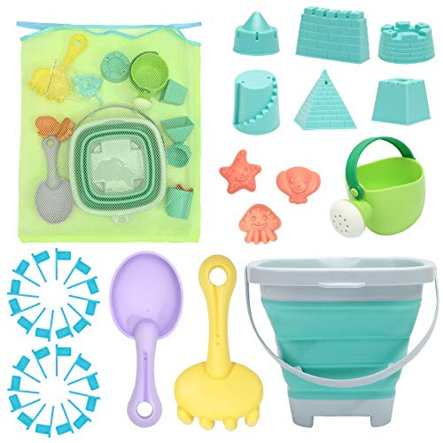 RACPNEL Beach Toys Sand Toys Set for Kids, Collapsible Sand Bucket and Shovels Set with Mesh Bag, Sand Molds, Watering Can, Flags, Sandbox Toys for Kids and Toddlers, Travel Sand Toys for Beach