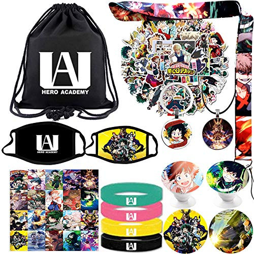 My Hero Academia Bag Gift Sets Including Drawstring Bag Backpack,MAH Stickers,Lanyard,Face-Masks,Keychain,Necklace,Lomo Cards,Bracelets,Phone Ring Holder, Button Pins