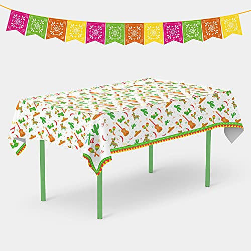 Gatherfun Fiesta Party Supplies Disposable Tablecloth 5 Pack with 1pcs Papel Picado Banner for Fiesta Mexican Cinco De Mayo Party Decorations