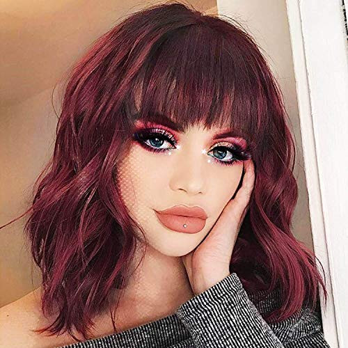 TopWigy Short Red Wavy Wig Burgundy Wig Short Curly Bob Wig with Bangs Shoulder Length Maroon Wig 14 Inches Curly Wavy Synthetic Cosplay Wig Wine Red Hair Wigs for Women Party Halloween -Wine Red-
