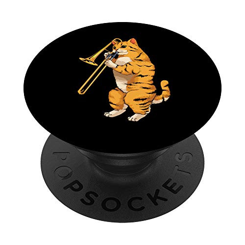 Funny Cat Playing Trombone Gift - Cool Kitten Musician Fan PopSockets Grip and Stand for Phones and Tablets