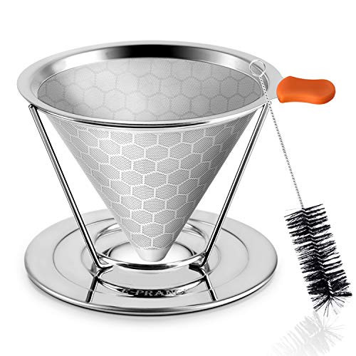 Pour Over Coffee Dripper, Rich Flavor Stainless Steel Coffee Filter Reusable Pour Over Coffee Filter Cone Coffee Dripper with Removable Cup Stand and Brush