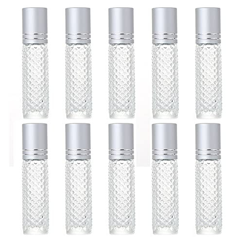 RMISODO 10 Pieces 10ml Roll On Bottle, Clear Essential Oil Roller Bottle, Refillable Perfume Sample Bottle, Non-slip Glass Vials Bottle with Roller Ball for Essential Oil Aromatherapy Perfume Lip Balm