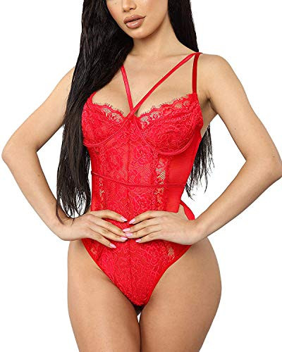 Aranmei Women's Sexy Eyelash Lace Bodysuit Snap Crotch Teddy Lingerie -Red XXX-Large-