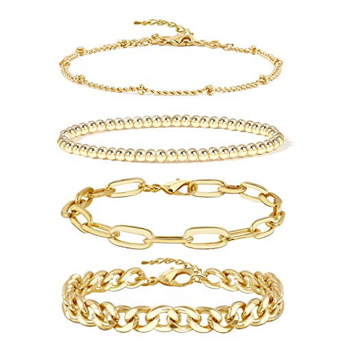 Gold Chain Bracelet Sets for Women Girls 14K Gold Plated Dainty Link Paperclip Choker Bracelet Stack Gold Small Ball Beads Bracelets Adjustable Layered Metal Link Bracelet -Style-2-